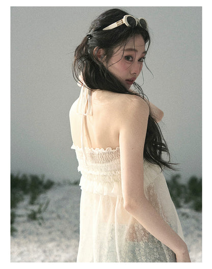 “Shattered Glasslight Veil” Cream Lace Halter Twinset Top