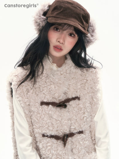 CAN - "The Velvet Alcove" Light Coffee Brown Reversible Plaid Shearling Vest