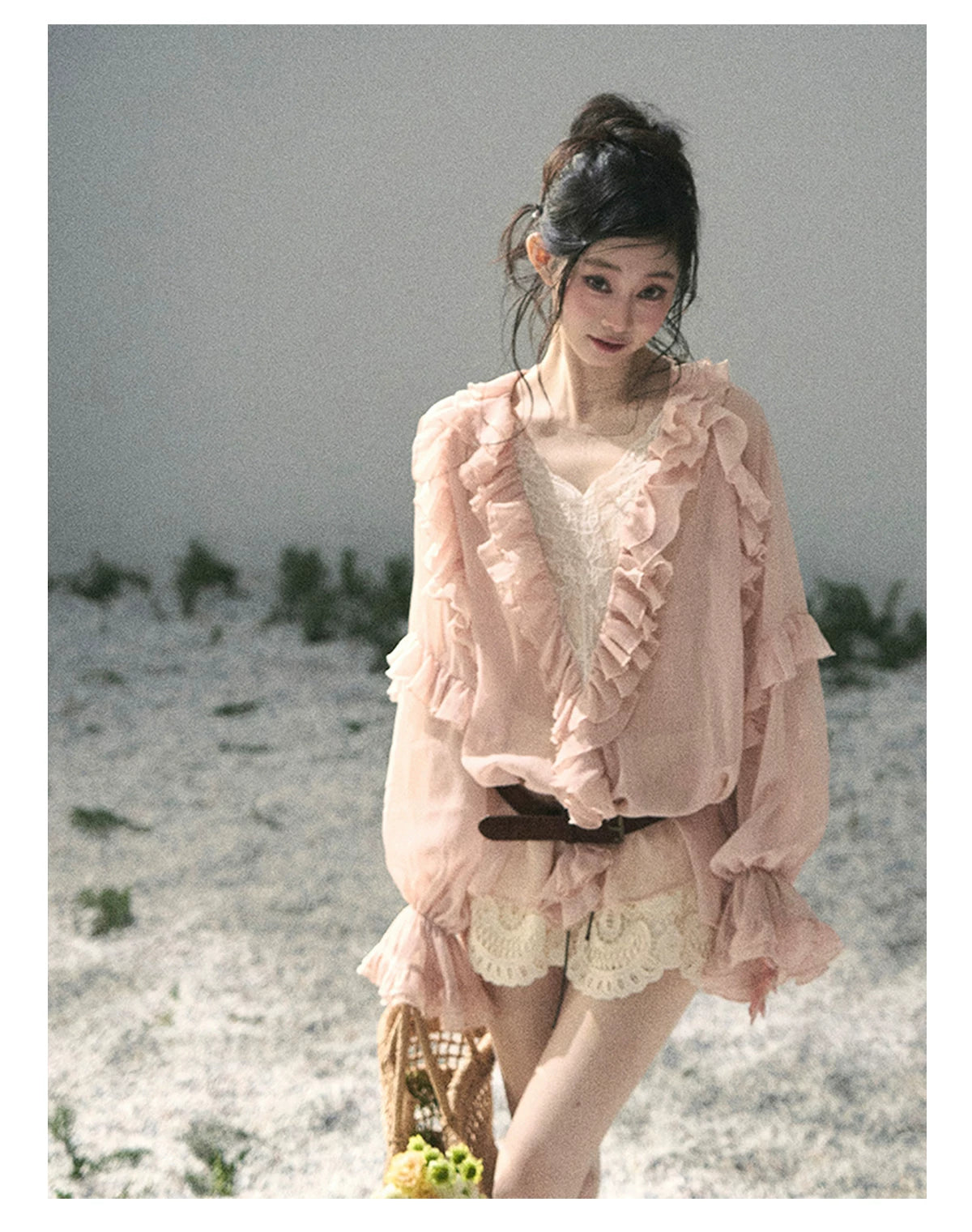 “Whispers of the Wind” Blush Pink Lace Chiffon Blouse (With Belt)