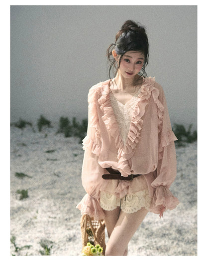 “Whispers of the Wind” Blush Pink Lace Chiffon Blouse (With Belt)