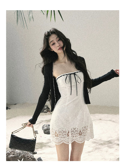 "Moonwoven Reverie" Cloud White Lace Bodycon Mini Dress & Serenity Black Cardigan 5132
