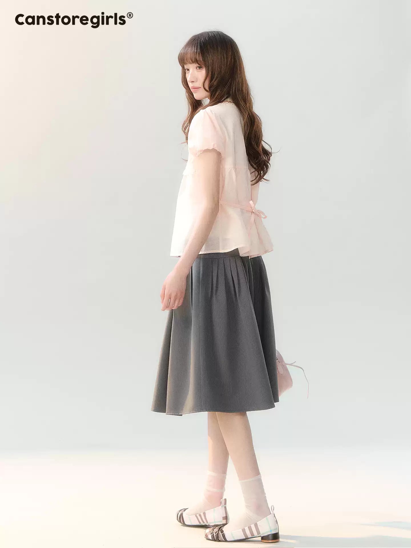 "Pink Mist Notes" Blush Pink Lace Puff Sleeve Blouse  LL2026217