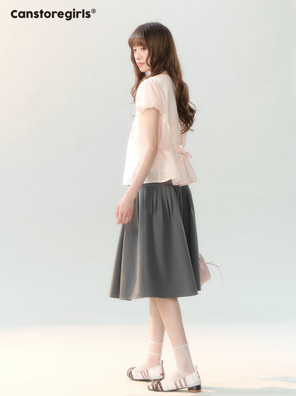 "Cloud Gray Sweet Pleats" Gray Stripe Bow Pleated Skirt LL2026219