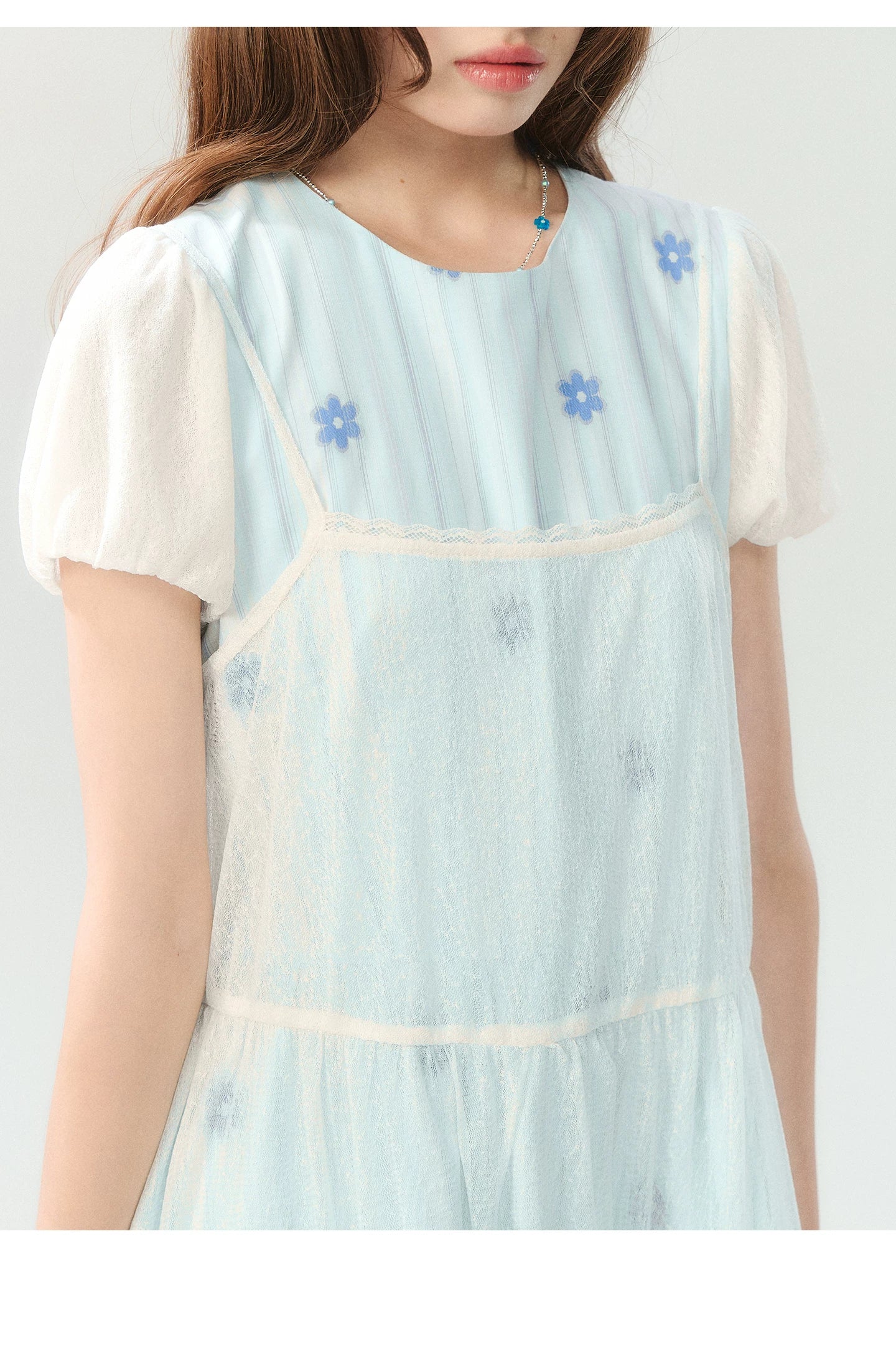 "Soft Bloom Chronicle" Blue Floral Dress & Apricot Cami Set