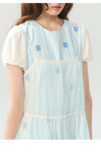 "Soft Bloom Chronicle" Blue Floral Dress & Apricot Cami Set
