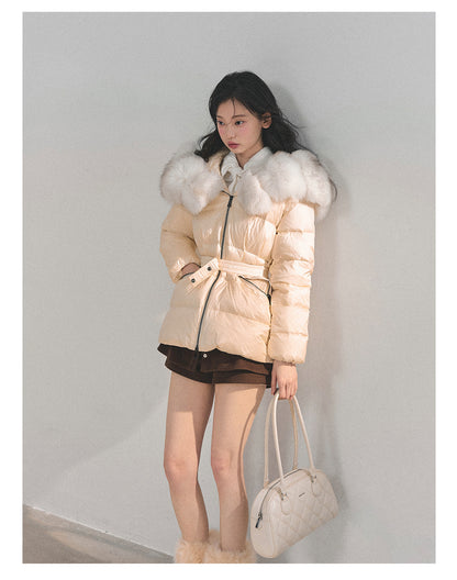 少也眼 “Snowcountry Floating Bridge” Thick Warm Down Jacket with Detachable Fur & Belt 661513