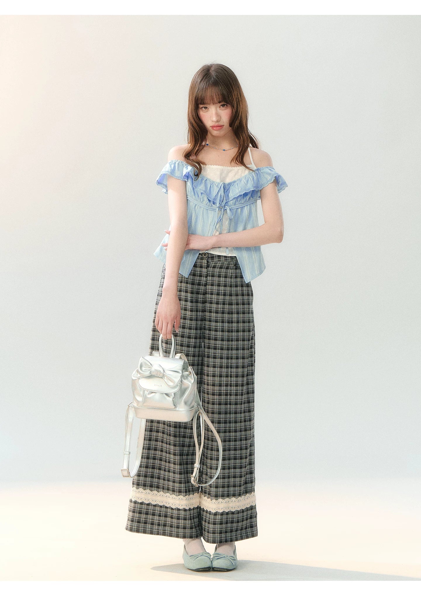 "Gray Cloud Flurry" Plaid Lace Hem Wide-Leg Pants SH2026205