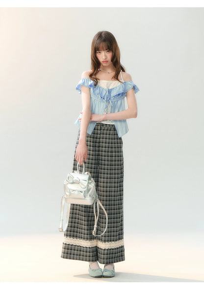 "Gray Cloud Flurry" Plaid Lace Hem Wide-Leg Pants SH2026205