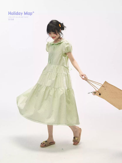 "Mint Forest" Mint Green Double Collar Tiered A-Line Midi Dress