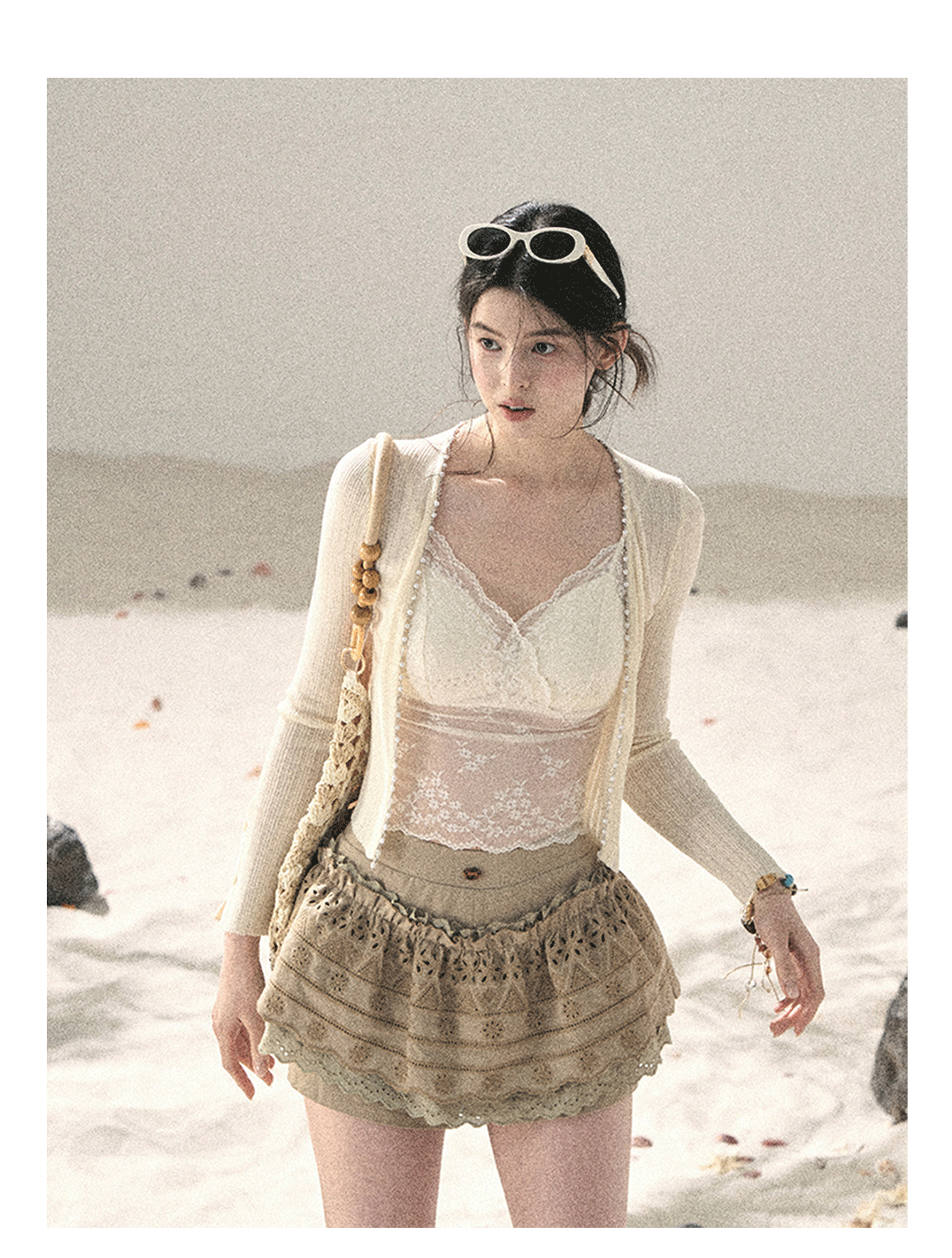 "Translucent Skin" Cream Apricot Lace Camisole Top 455335