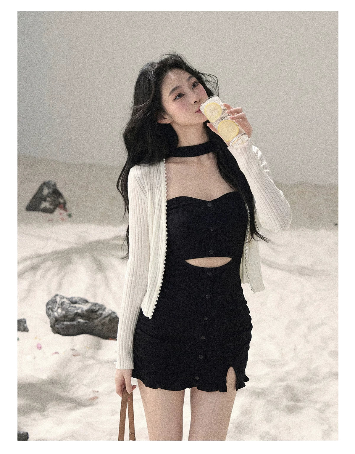 "Between Light and Shadow" Midnight Black Halter Knit Bodycon Mini Dress