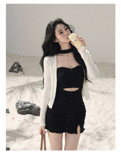 "Between Light and Shadow" Midnight Black Halter Knit Bodycon Mini Dress
