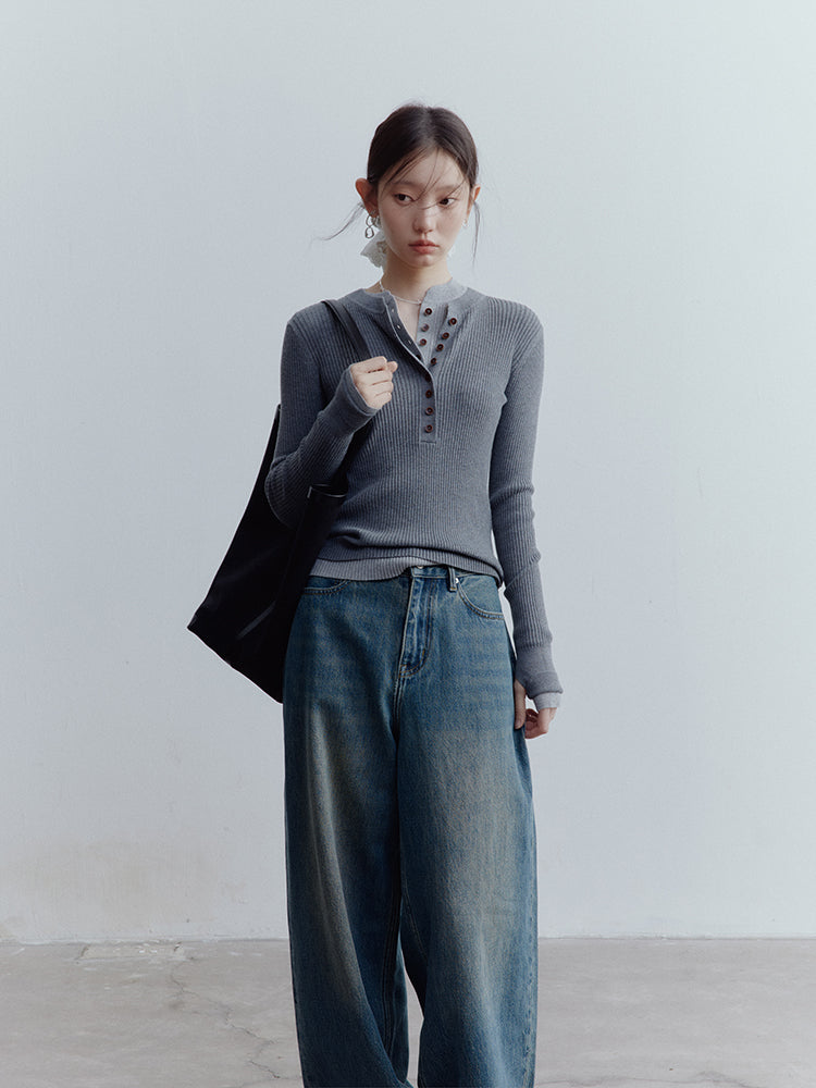 FUSSED Vintage Blue Low-Waist Wide-Leg Washed Denim Pants FOF-25SS173