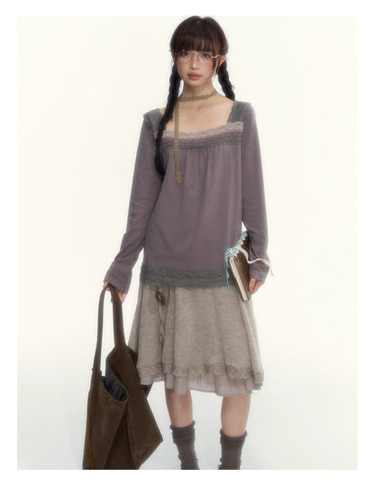 Gray Purple Lace-Trimmed Square-Neck Long-Sleeve T-Shirt
