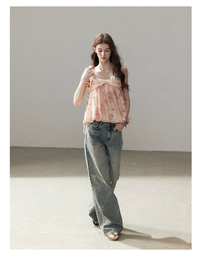 "Passing By the Sea" Vintage Blue Rhinestone Bow Wide-Leg Jeans