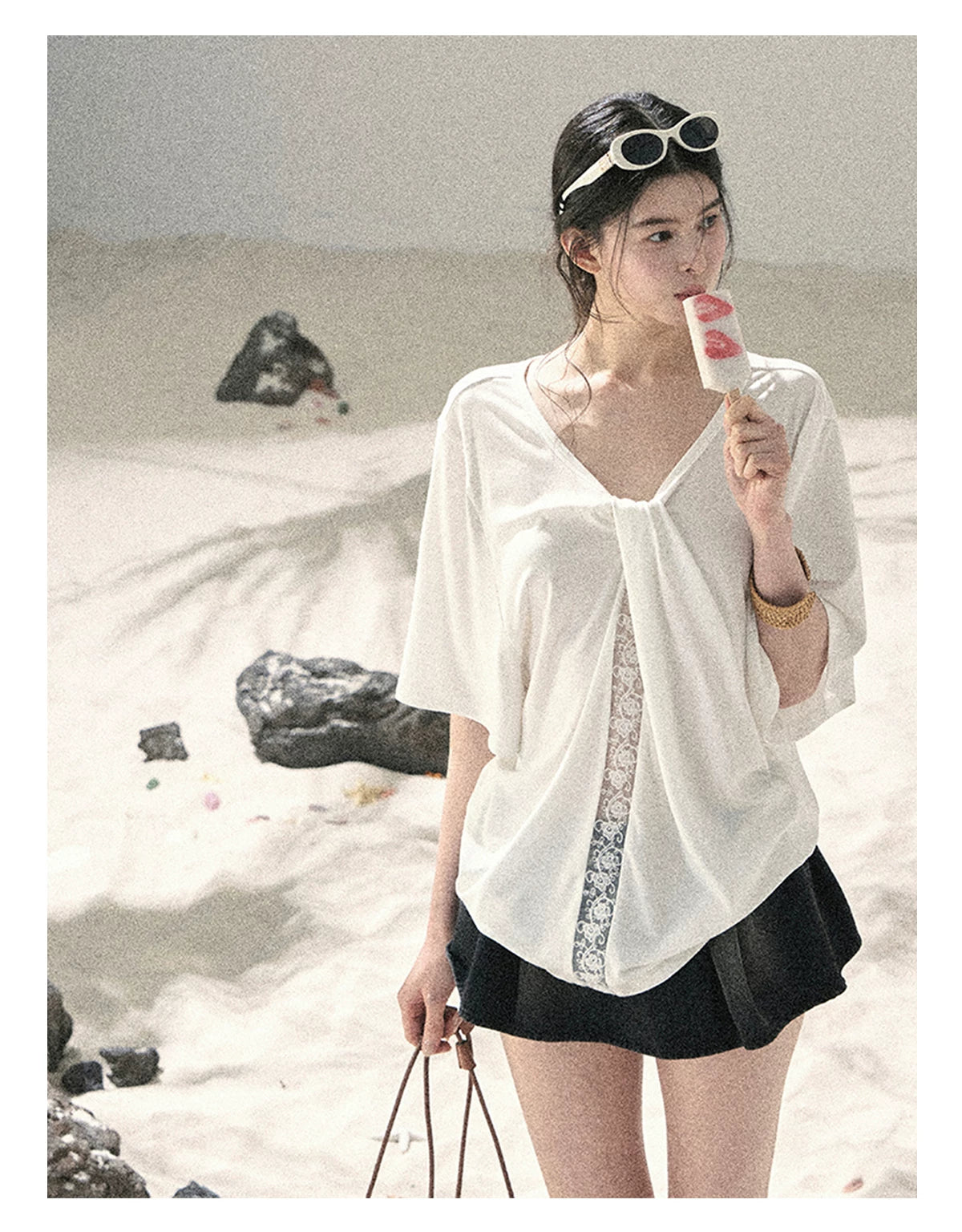 "Undisturbed Mist" Cloud White Lace Cutout V-Neck T-Shirt 45638453