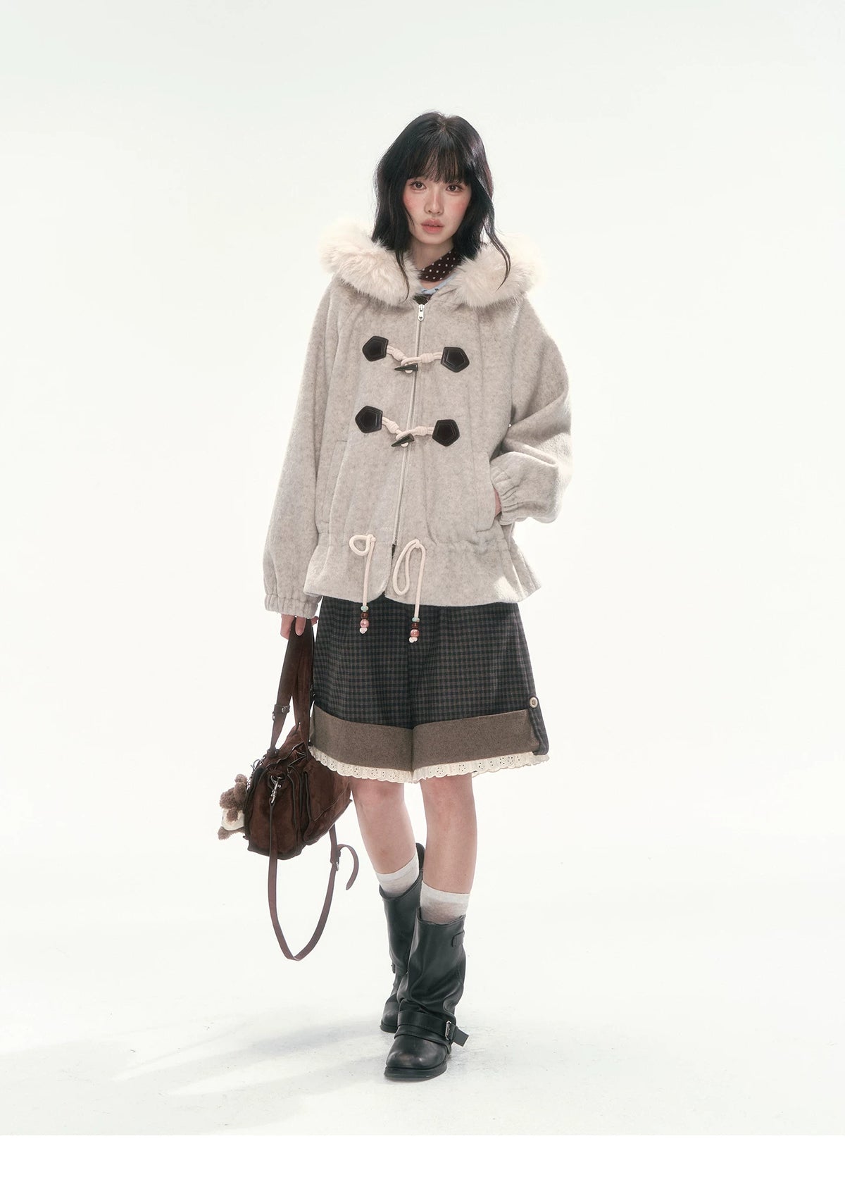 CAN - "Frosted Cloud Reverie" Beige Gray Detachable Faux-Fur Collar Wool-Blend Jacket