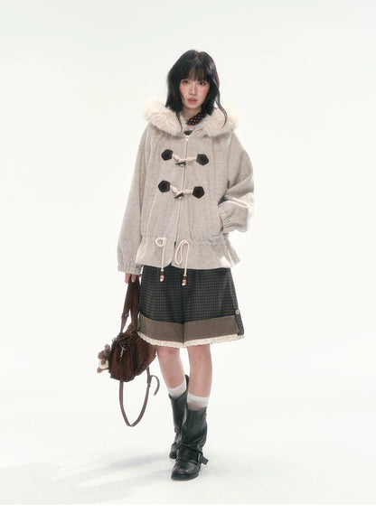 CAN - "Frosted Cloud Reverie" Beige Gray Detachable Faux-Fur Collar Wool-Blend Jacket