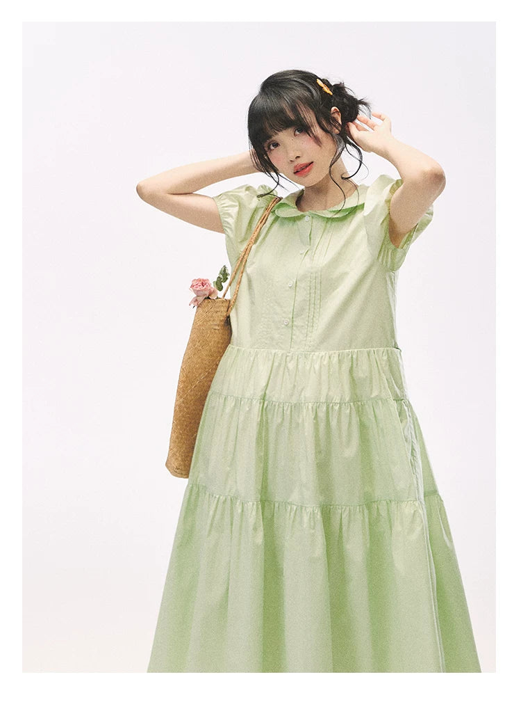 "Mint Forest" Mint Green Double Collar Tiered A-Line Midi Dress