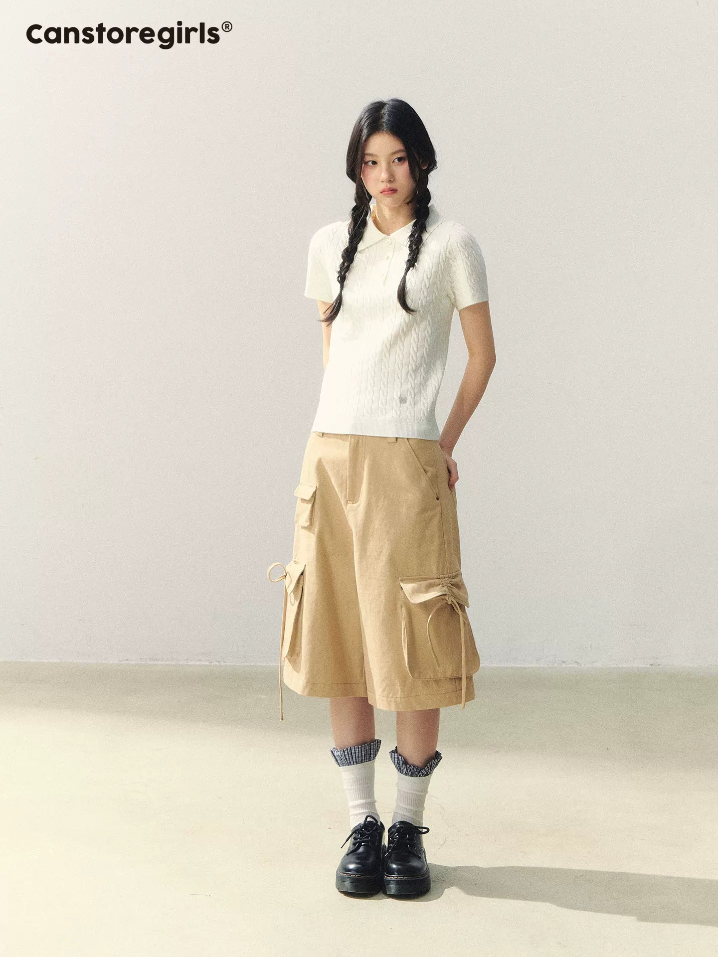 "Sand Messenger Mood" Khaki Bow Drawstring Cropped Cargo Pants WW2026042