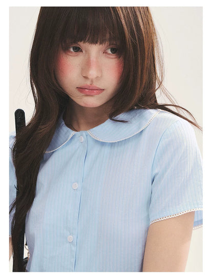 "Citrus Sea Salt" Stripe Lace Peter Pan Collar Pleated Shirt (White Blue / Blue White)