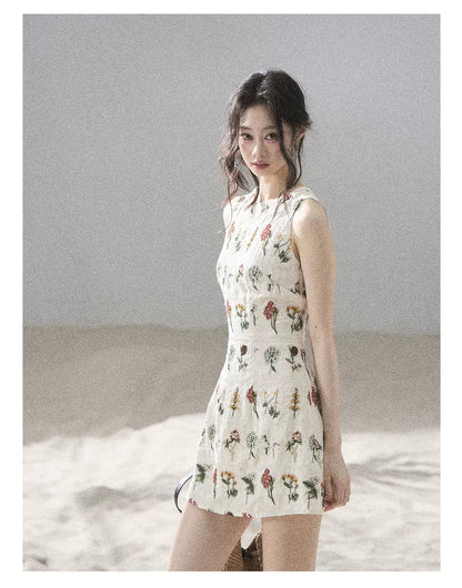 "Wildflower Daydream" Dutch Cream Embroidered Mini Dress - Sleeveless 45684