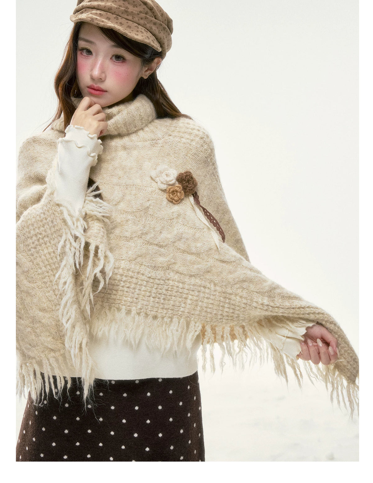 BIBIBENCY - Ivory Knit Cape Shawl with Fringe Trim
