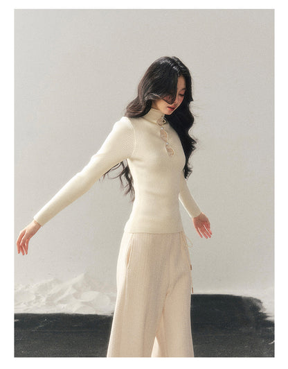 040126 "Lacewoven Dream" Mock Neck Layered Lace Knit Top - Oat Beige