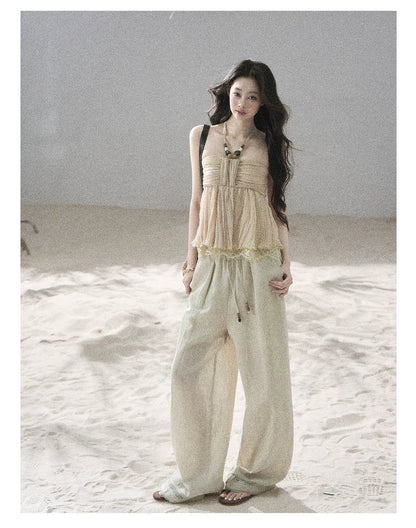 "Follow the Sea Breeze" Lightweight Straight-Leg Wide-Leg Pants (Lotus Pink/ Gray Sage Green/ Gray Blue)