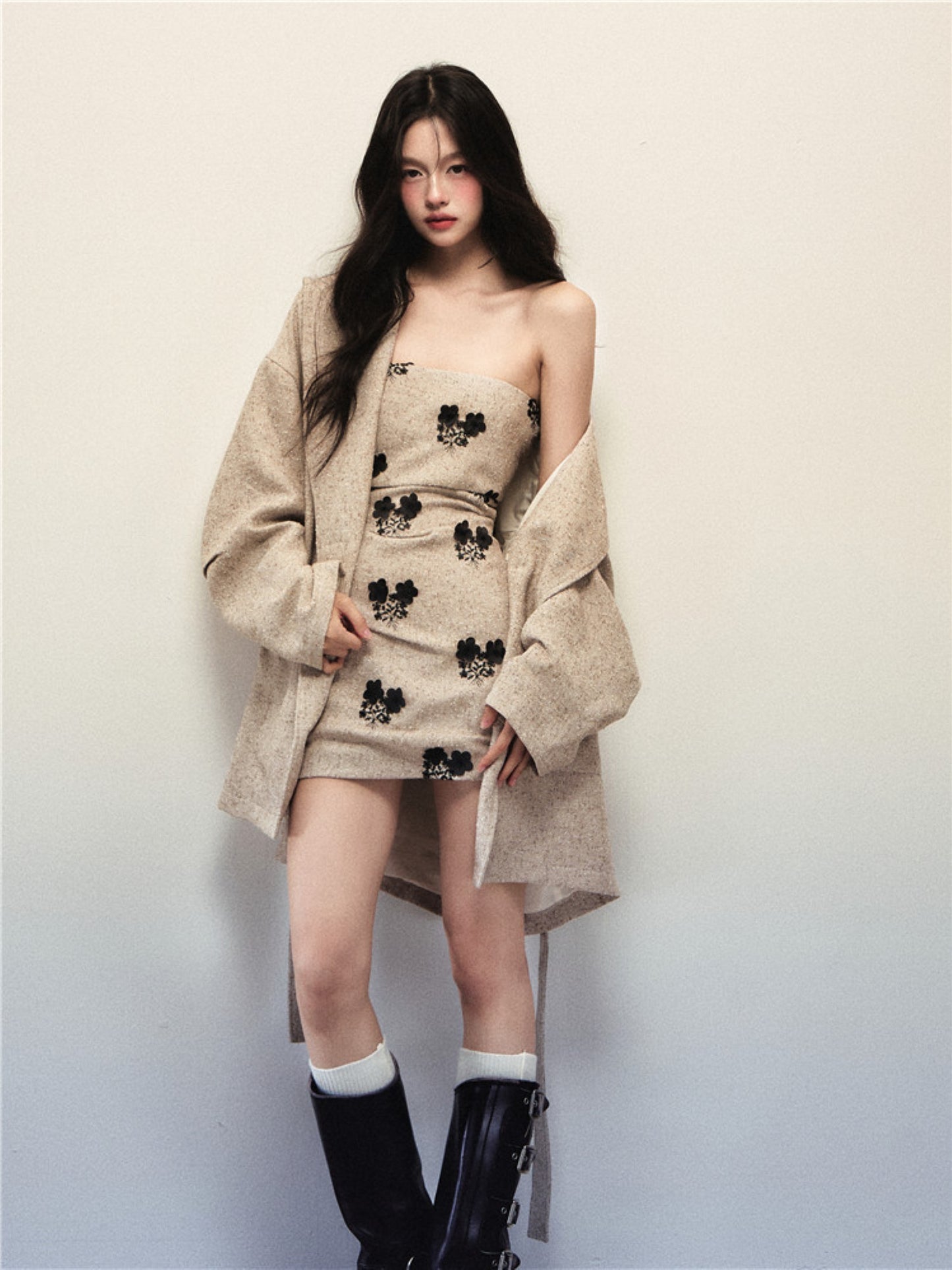 1P - Apricot Woolen Belted Coat & Tube Dress Set