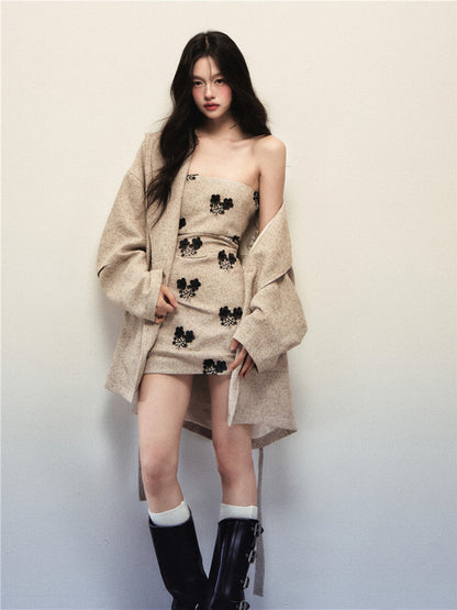 1P - Apricot Woolen Belted Coat & Tube Dress Set