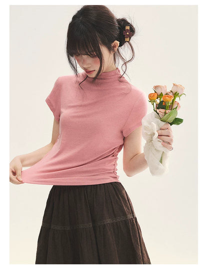 "Rose Haze" Dusty Pink Mock Neck Ruched Puff Sleeve Top