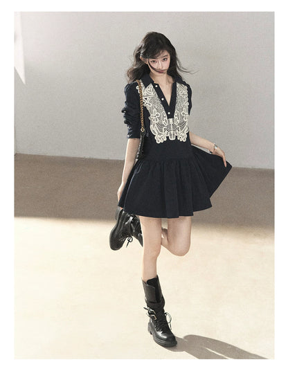 AOMALM - Navy French-Inspired Lace Shirt Mini Dress with Convertible Sleeves