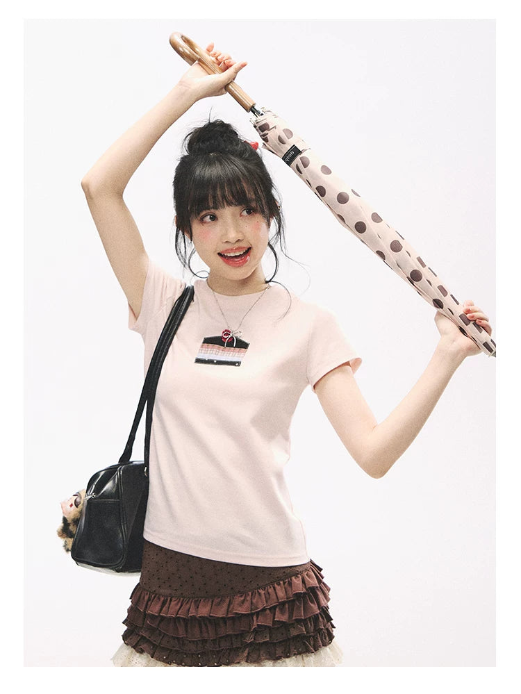 "Strawberry Shortcake Mood" Peach Pink Patchwork Cake Graphic Cotton Tee