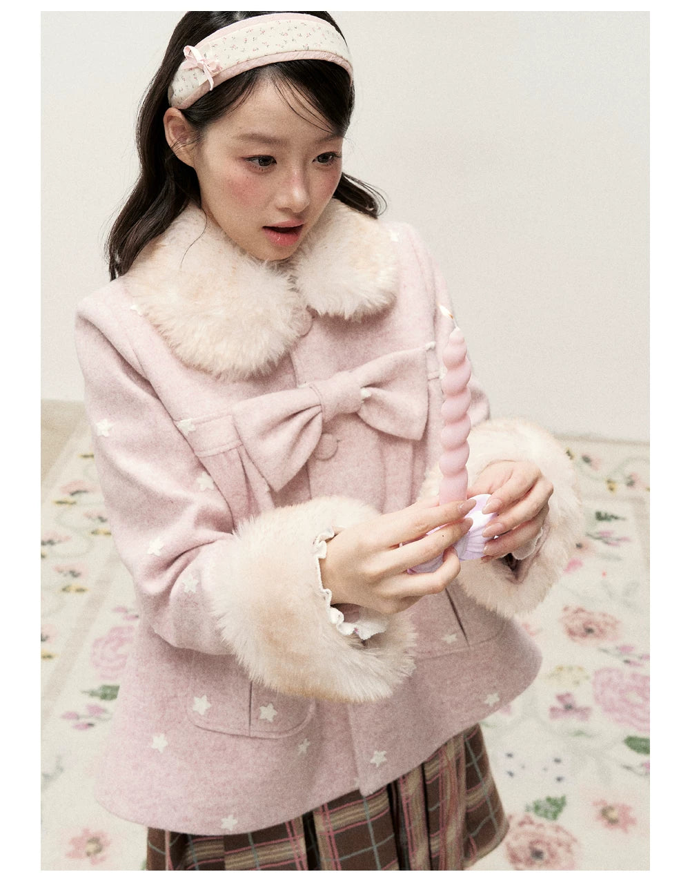 RF - Peach Pink Ombre Faux Fur Collar Wool-Look Jacket with Star Embroidery