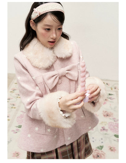 RF - Peach Pink Ombre Faux Fur Collar Wool-Look Jacket with Star Embroidery