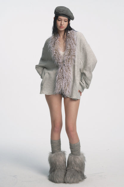 Muirgen - Ice Grey Waffle-Knit Wool Cardigan Jacket with Faux Fur Collar