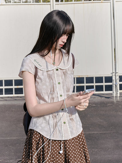 "Blooming Branches" Daisy Textured Blouse & Brown Polka Dot Pleated Skirt