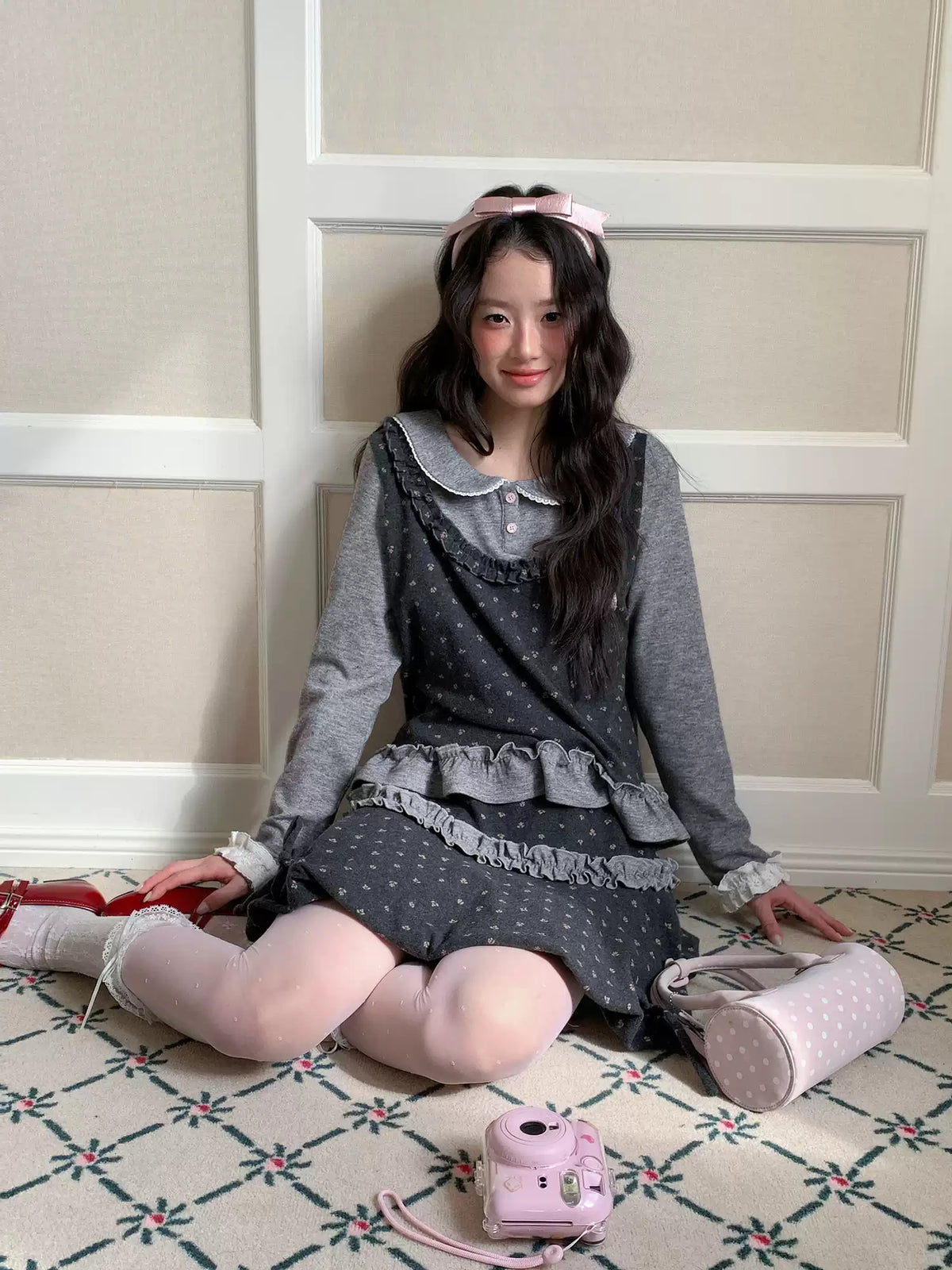 [[RF] “Gray-Toned Layered Charm” Gray Floral Two-Piece Skirt Set