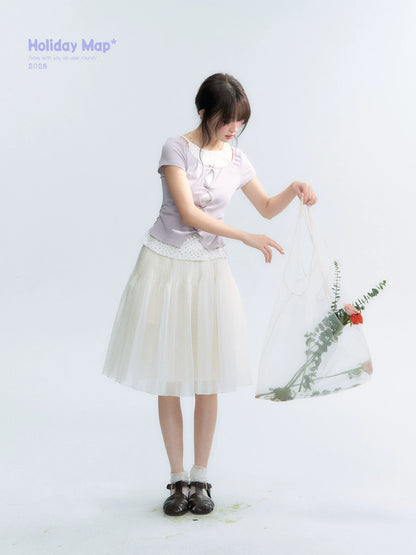 Korean Layered Bow Knit Short Sleeve T-Shirt in Violet