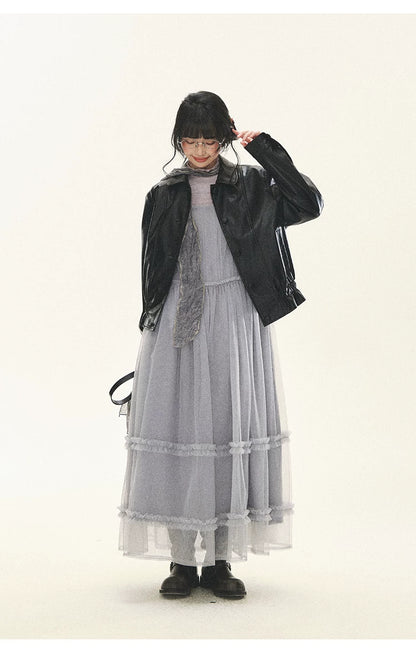 "Venus Gallery" Black Ruffle Collar Cropped Faux Leather Jacket