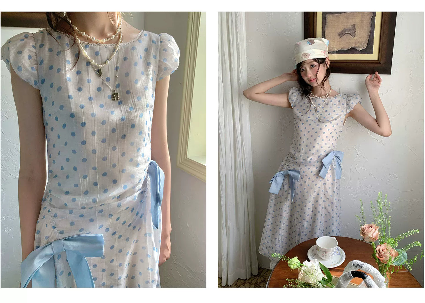 “Blue Mist Polka Reverie” Mist Blue Bow Lace Dress