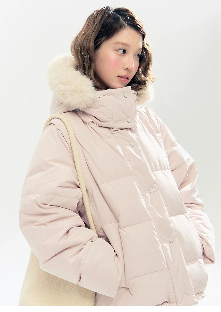 "Blush Cloud Haven" Misty Pink 2-Way Detachable Sleeve Down Jacket & Vest