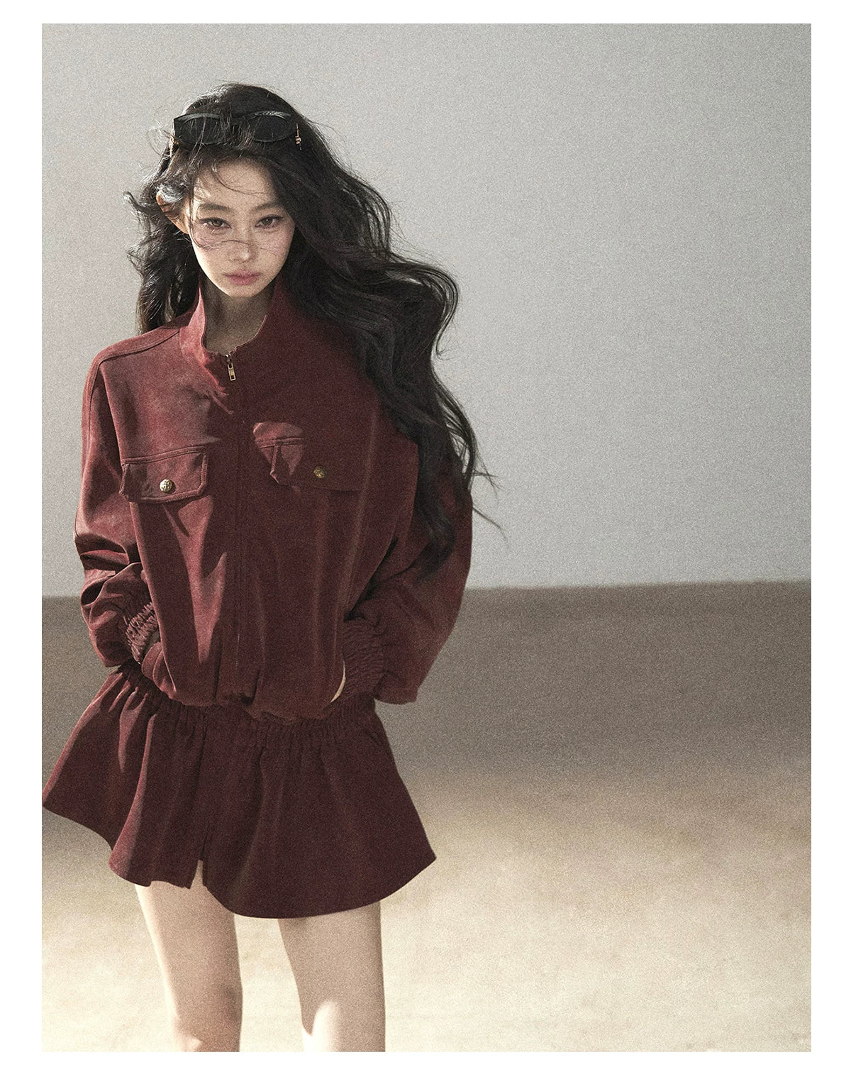 AOMALM - Burgundy PU Suede Jacket & A-Line Shorts Set