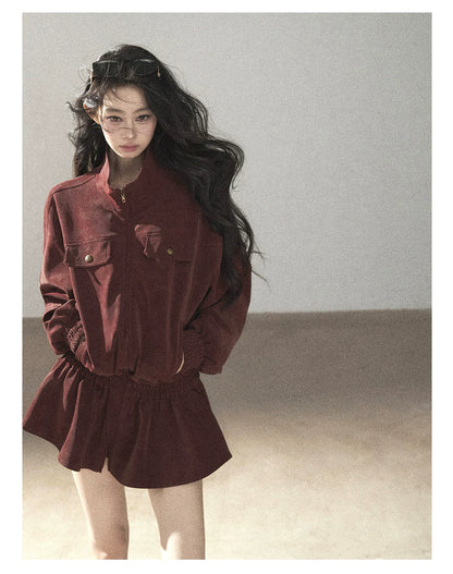 AOMALM - Burgundy PU Suede Jacket & A-Line Shorts Set