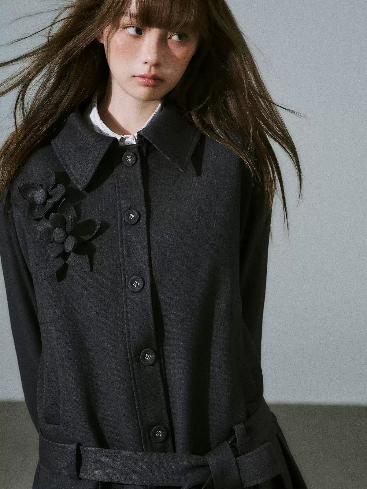 LOST FOREST - Charcoal Gray Flower Trench Coat