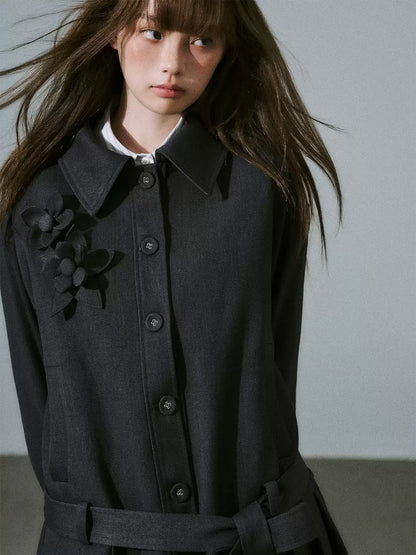 LOST FOREST - Charcoal Gray Flower Trench Coat