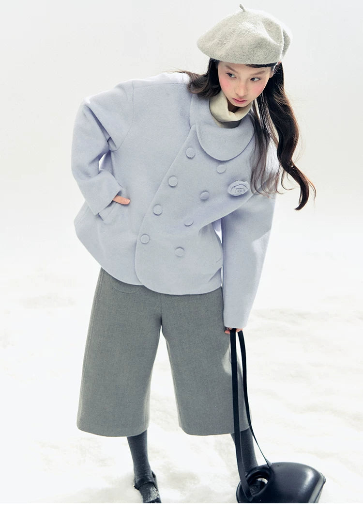 "Rose Manifesto" Frosted Blue Double-Breasted Quilted Wool-Blend Peacoat