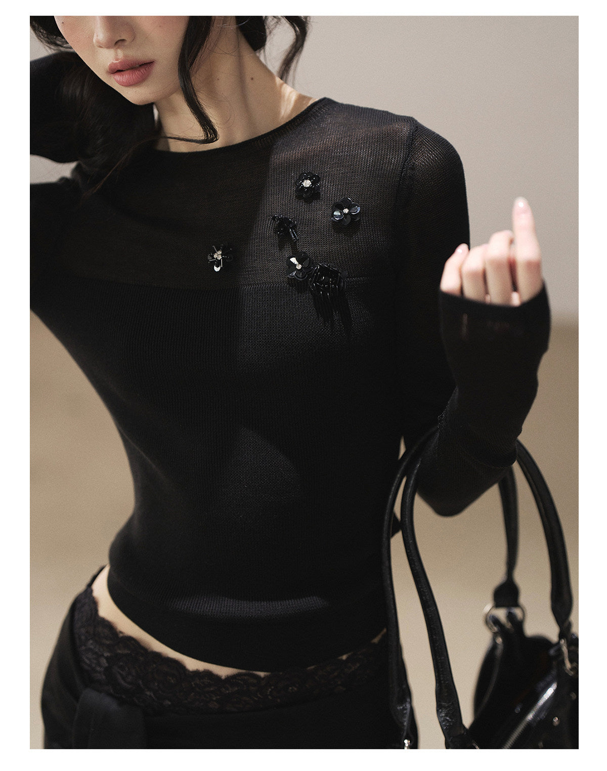 170726 "Hidden Between Light and Shadow" Tranquil Black Sheer Layered Knit Top