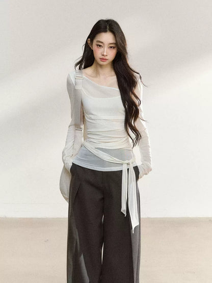 JN's DESIGN - Asymmetrical Layered Mesh Long-Sleeve Top